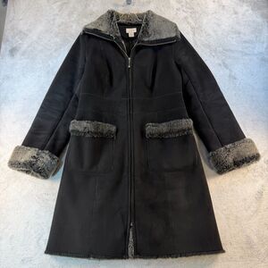 Ann Taylor LOFT Faux Shearling Long Coat Women 6 Black Plush Zip